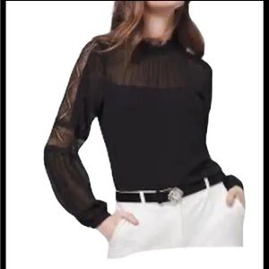 White House Black Market Lace Insert Balloon Puff Sleeve Black Size 1X Chiffon